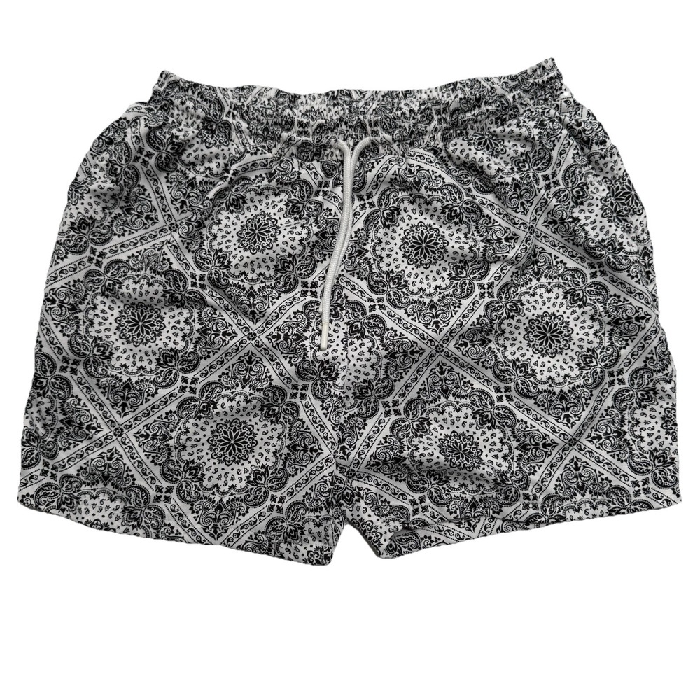 Boohoo Man Men's Size Medium Bandana‎ Printed Swimming Shorts Trunks Black White